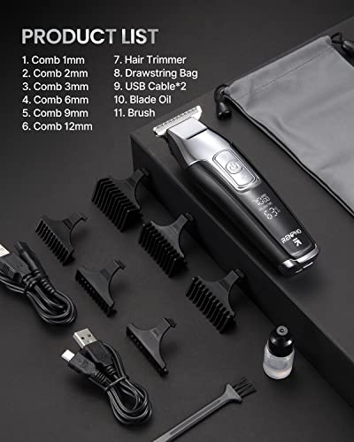 RENPHO Hair Clippers for Men, 4-Speed Beard Trimmer Men Professional Hair Cutting kit, LED Display Cordless Hair Trimmer 0.2mm for Men & Kids, T-