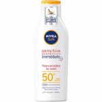 NIVEA Sun Sensitive Sun Lotion SPF 50+ (1 x 200 ml), Unscented & Water Resistant, Sunscreen Light Non-Greasy Texture