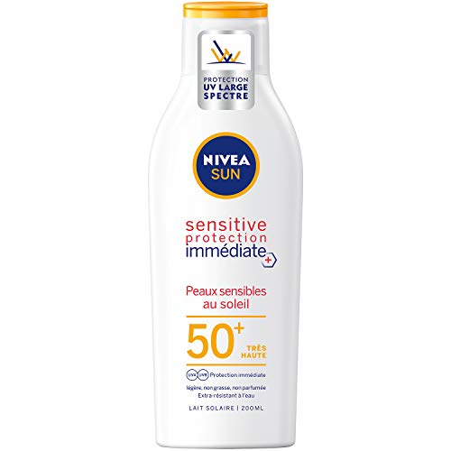 NIVEA Sun Sensitive Sun Lotion SPF 50+ (1 x 200 ml), Unscented & Water Resistant, Sunscreen Light Non-Greasy Texture