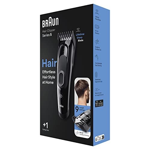 Braun Hair Clipper Series 5, Featuring Lifetime-Sharp Blades, 9 Length Settings, 50-min runtime, Gifts for Men, HC5310, Black