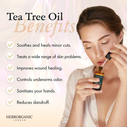 HerbOrganic Anti-bacterial Tea Tree Oil – 100 ml – Organic – Antiseptic – For Acne and Redness of Skin – For Pimples and Nail Fungus – Aromathera