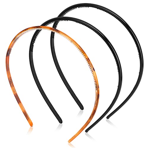 Skinny Plastic Headbands for Women Girls, PROUSKY 3 Pieces Plastic Headband With Teeth, 3 Color Alice Hair Bands Hair Accessories for Sport Washi