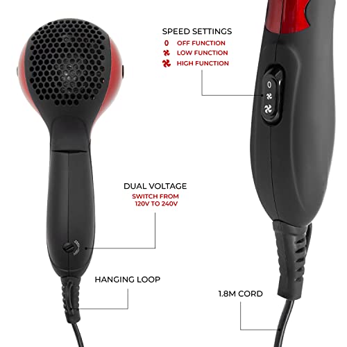 Red Hot 37070 1200W Travel Hair Dryer With Folding Handle / Dual Voltage / 2 Heat Settings / Compact & Lightweight / Red Coloured
