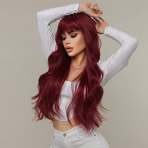 iShine Burgundy Red Wigs for Women Long Wavy Wine Red Wigs with Fringe Synthetic Wig Heat Resistant Natural Hair for Daily Party Cosplay Use Gift