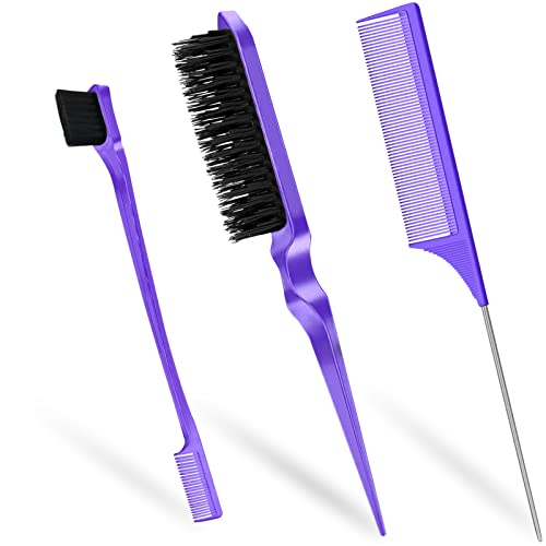 Sularpek 3 Pcs Slick Brush Set, Plastic Bristle Hair Brush Teasing Comb Edge Hair Brush Teasing Brush Set, Rat Tail Comb Double Sided Edge Brush,