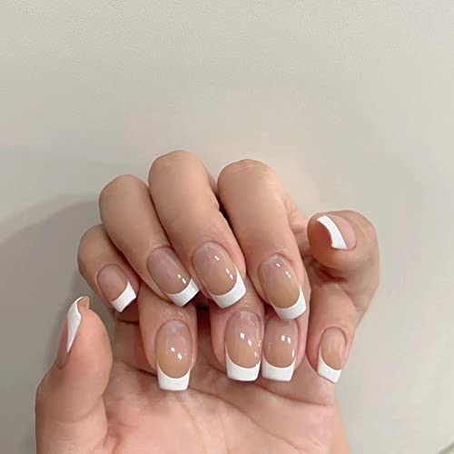 French False Nails Short, 48Pcs Nude White Fake Nails, Press on Nails with Designs, Acrylic Stick on Nails, Full Cover Artificial Nail Tips for W