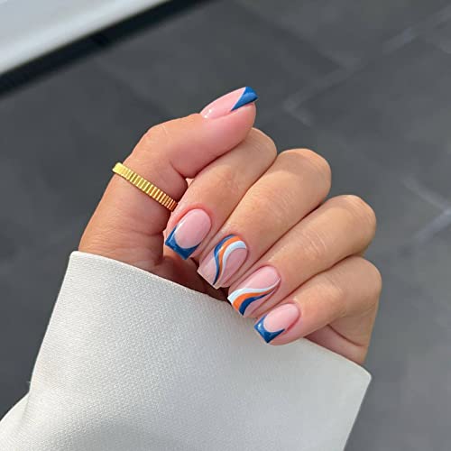 JUSTOTRY 24 Pcs Pastel Square Short False Nails,Multi Colour French Press on Nails Pattern, Cute Fake Nails Medium with Nail Glue,Rainbow Stick o