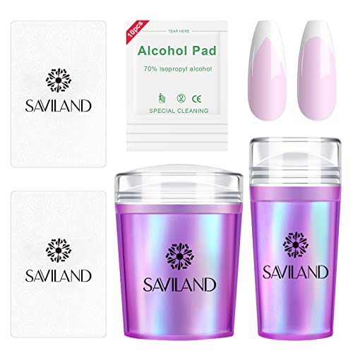 Saviland French Nail Stamper - 14PCS Durable French Tip Stamp Kit, Silicone Jelly Nail Stamper with Scrapers&Cleaning Pads, Nail Stamping Kit, Fr