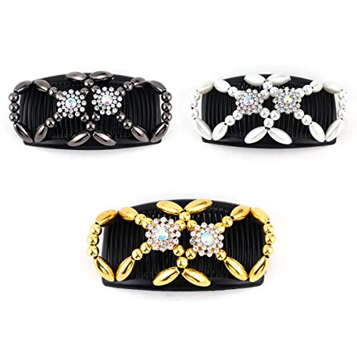 Kitchen-dream Magic Beads Hair Comb 3pcs Magic Elastic Hair Combs Double Clips Hair Holder Stretch Double Side Combs Clips for Women Girls Hair A