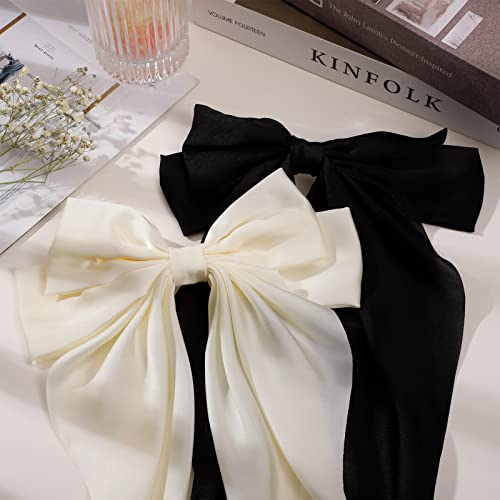 RosewineC 2 PCS Bow Hair Clips Solid Color Bow French Automatic Hair Clip with Long Silky Satin Tail Large Bows for Simple Women Girls Barrettes