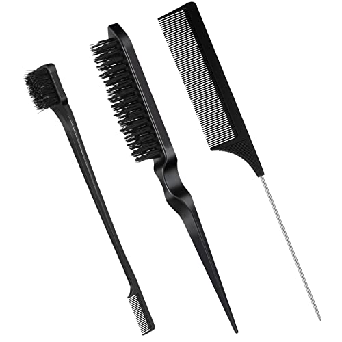 Fuyamp 3 Packs Slick Brush Set Teasing Brush Set, Plastic Bristle Hair Brush Teasing Comb Edge Hair Brush Grooming Combs Sturdy Rat Tail Comb Dou