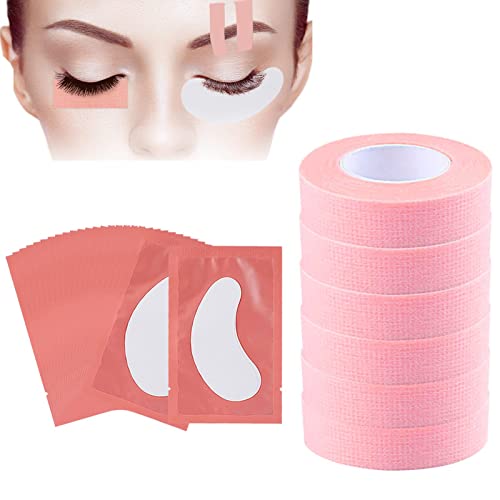 Lanjue 6 Rolls Eyelash Tape with 20 Pairs Eye Pads, Pink Adhesive Lash Extension Tape Breathable Micropore Fabric Tape Medical Tape for False Eye