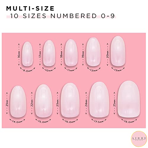 AIRRE 240pcs Medium Oval False Nails with Strong Glue - For UV/LED Gel, Polish & Nail Art. Natural Opaque Nail Kit (10 Sizes). DIY Manicure Nails
