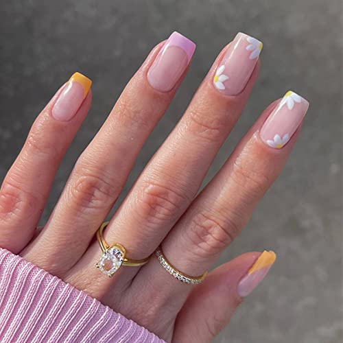 JUSTOTRY 24 Pcs Short False Nails Square,White French Press on Nails Pattern, Pretty Milky Fake Nails Short with Nail Glue, Stick on Nails for Wo