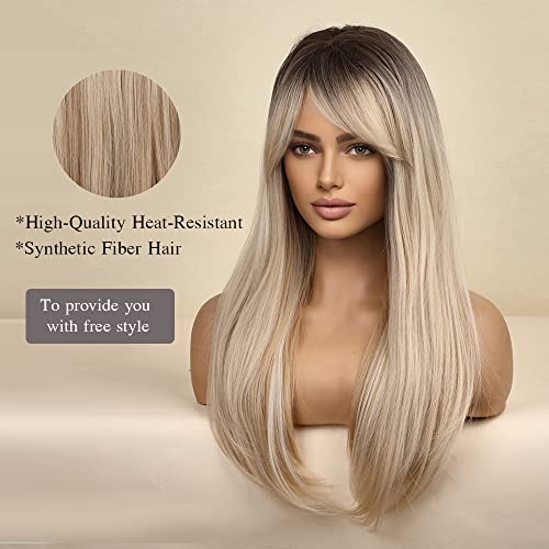 Esmee 24 Inches Long Straight Blonde Wig with Bangs Side Parting Natural Synthetic Hair Ombre Wigs for Women with Dark Roots for Daily Party Cosp