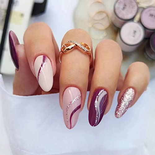JUSTOTRY 24 Pcs Pink Press on Nails Medium, Dark Blue and White swirl Fake Nails with Designs, French Stick on Nails for Women, Acrylic False Nai