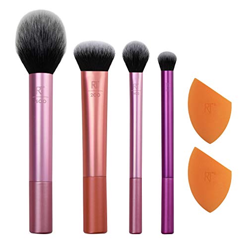 REAL TECHNIQUES,5 Count (Pack of 1) Everyday Essentials Makeup Brush Complete Face Set (Miracle Complexion Sponge, Expert Face, Blush, Setting an