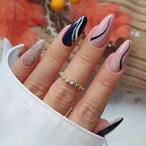 JUSTOTRY 24 Pcs Pink Press on Nails Medium, Dark Blue and White swirl Fake Nails with Designs, French Stick on Nails for Women, Acrylic False Nai