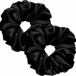 2 Black Large Hair Scrunchies, Soft Silky Satin Elastic Silk Hair Ties Scrunchy Hair Bands Ponytail Women Girls Lady Children
