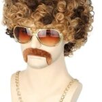 Topcosplay 3 PCS Men's Wig 70s 80s Disco Dude Dirt Bag Wig & Moustache Necklace Short Curly Afro Shaggy Wig Blonde Mixed Black