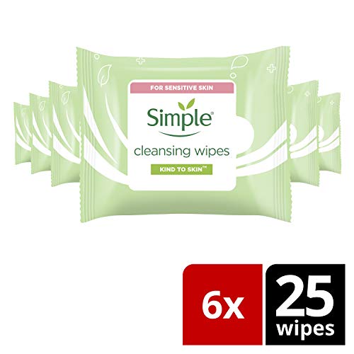 Simple Kind to Skin - Facial Wipes for sensitive skin with Glycerin, Vitamin E,and Vitamin B5 -25 Count (Pack of 6)