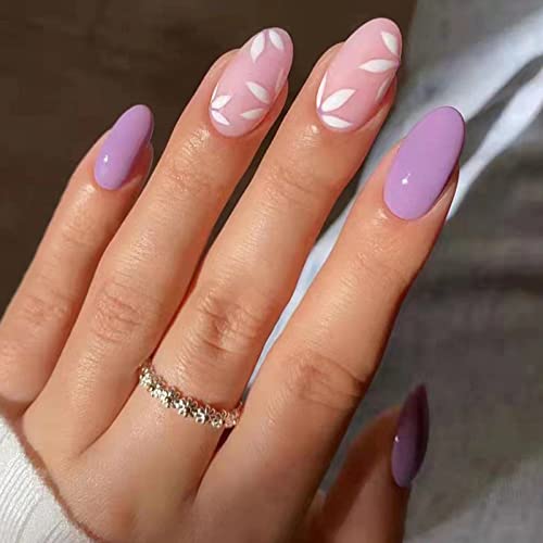 JUSTOTRY 24 Pcs Stiletto False Nails Medium with Jewels,Beige French Press on Nails Pattern,Fake Nails Short with Nail Glue,Almond Stick on Nails