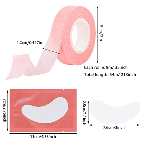 Lanjue 6 Rolls Eyelash Tape with 20 Pairs Eye Pads, Pink Adhesive Lash Extension Tape Breathable Micropore Fabric Tape Medical Tape for False Eye
