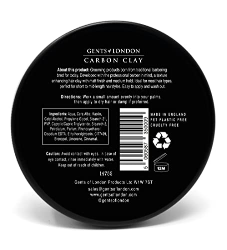 Carbon Clay, Gents of London Matte Hair Clay For Men, Medium Hold, Matte Finish, Texture Enhancing 75g Men’s Hair Wax, Authentic Styling Wax, Hai