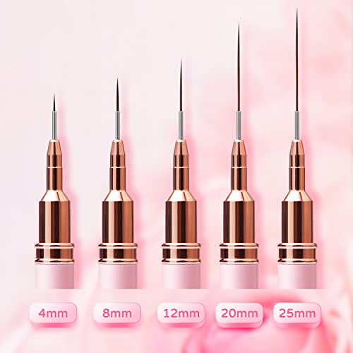 Nail Art Liner Brushes - Eptbsdu 5PC Nail Art Brush for Long Lines, Liner Brush UV Gel Polish Painting Nail Design Brush Metal Handle Nail Drawin