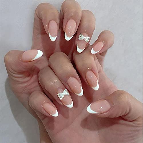 JUSTOTRY 24 Pcs Pale Orange Heart Short False Nails Stiletto,Beige French Press on Nails Pattern,Fake Nails Short with Nail Glue,Almond Medium St