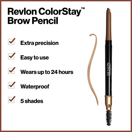 Revlon 24HR Colorstay Eyebrow Pencil with Spoolie Brush, Waterproof (0.9g) Angled Tip Applicator, 210 Soft Brown, Unisex