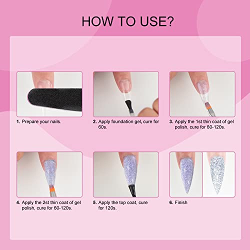 Saviland Reflective Glitter Gel Nail Polish Set - 6 Colors Super Flashing Diamond Gel Polish Set with Nail Brush, Purple Blue Black Sparkling Soa