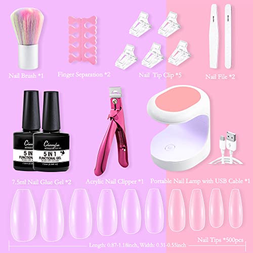 Chennyfun Nail Tips and Glue Gel Kit, Clear Coffin Nail Tips, 500Pcs Acrylic Fake Nails Tips Ballerina False Nails Easy Nail Extension Set with U