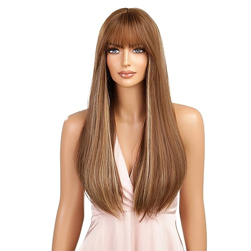 Esmee 24 Inches Long Straight Blonde Wig with Bangs Side Parting Natural Synthetic Hair Ombre Wigs for Women with Dark Roots for Daily Party Cosp