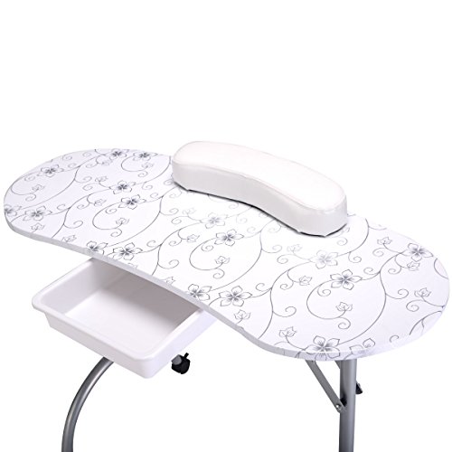 RELAX4LIFE Portable Manicure Nail Table, Folding Nail Technician Table Beauty Salon Desk with Drawer, Sponge & Carry Bag on Wheels, Professional