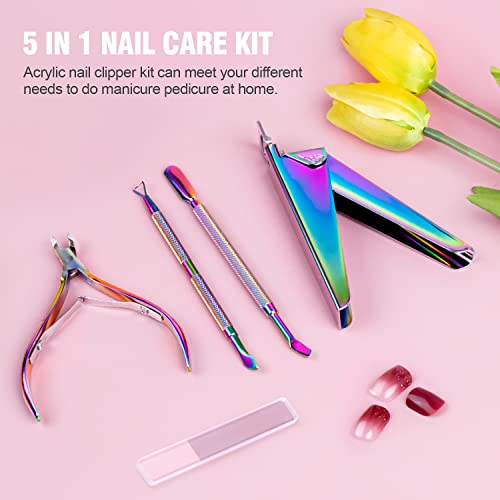 Acrylic Nail Clipper 5 in 1 Kit with Glass Nail File, Cuticle Trimmer Nipper and Cuticle Pusher Nail Gel Polish Remover, Stainless Steel Professi