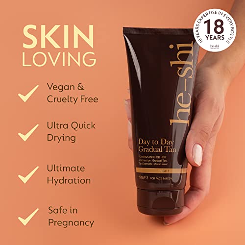 He-Shi Day to Day Gradual Tan Moisturiser - Easy Application Self Tanning Lotion - Natural Gradual Fake Tan with Vitamin E - Vegan & Cruelty Free