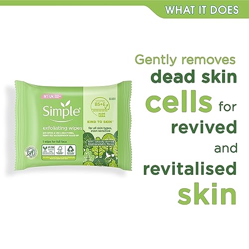 Simple Kind to Skin Exfoliating Biodegradable Facial Wipes gently removes dirt, make-up and exfoliates dead skin cells for sensitive skin 20 wipe