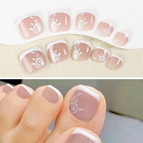 24pcs French False Toenails Tips Stick on Toenails Natural Press on Toenails Nude Short Fake Toe Nails for Women Toenail Decorations (Glitter)