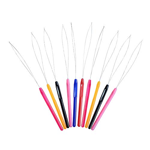 10PCS Multicolored Plastic Hair Extension Loop Needle Tool Loop Threader Pulling Hook Bead Device Tool for Hair Extensions Feather Extensions