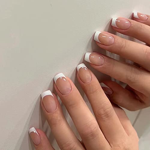 French False Nails Short, 48Pcs Nude White Fake Nails, Press on Nails with Designs, Acrylic Stick on Nails, Full Cover Artificial Nail Tips for W