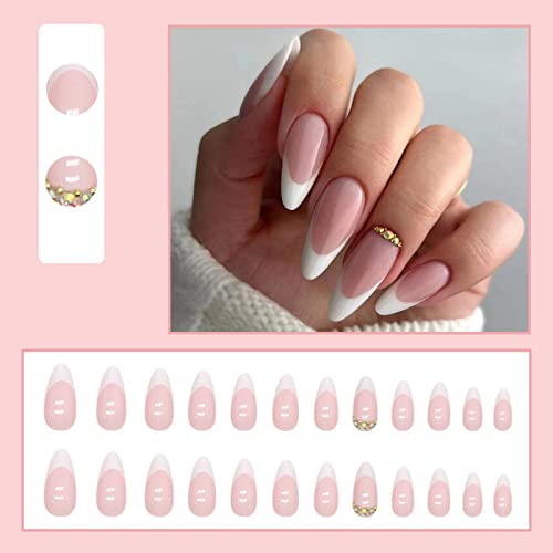 JUSTOTRY 24 Pcs Stiletto False Nails Medium with Jewels,Beige French Press on Nails Pattern,Fake Nails Short with Nail Glue,Almond Stick on Nails