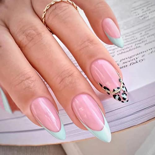 JUSTOTRY 24 Pcs Stiletto False Nails Medium with Jewels,Beige French Press on Nails Pattern,Fake Nails Short with Nail Glue,Almond Stick on Nails