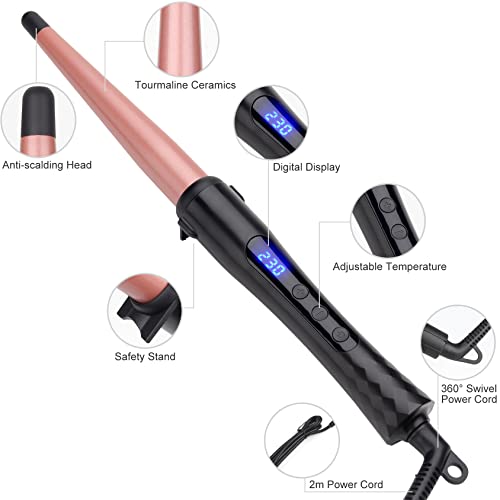 Curling Wand 13-25MM Curling Tongs, Tapered Curling Iron with Adjustable Temperature, Professional Hair Curler with Glove, Dual Voltage