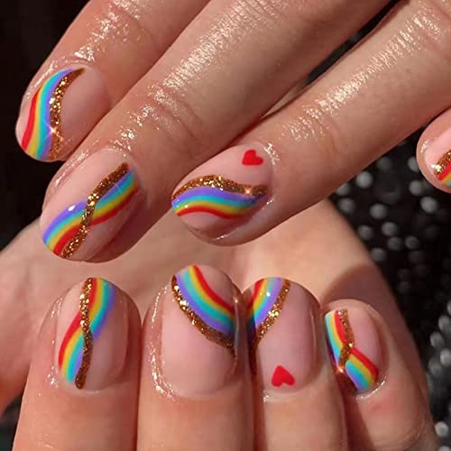 JUSTOTRY 24 Pcs Pastel Square Short False Nails,Multi Colour French Press on Nails Pattern, Cute Fake Nails Medium with Nail Glue,Rainbow Stick o