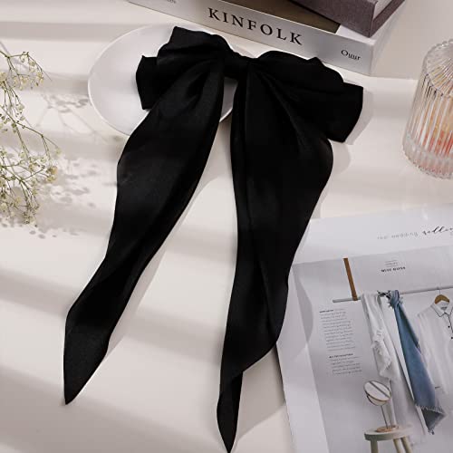 RosewineC 2 PCS Bow Hair Clips Solid Color Bow French Automatic Hair Clip with Long Silky Satin Tail Large Bows for Simple Women Girls Barrettes