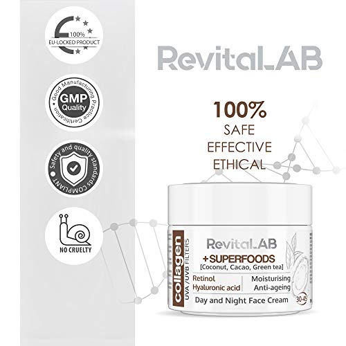 RevitaLAB Day and Night Collagen Anti-Ageing Moisturiser, Enriched with Hyaluronic Acid, Superfoods, Vitamins and a UVA/UVB Filter, for Ages 30 –
