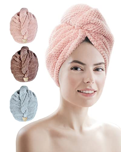 Microfibre Hair Towel, 3 Pack Super Absorbent Hair Towel Wrap with Button Design. Extremely Soft Hair Wrap Towel, Traveling, Beach Excursions, Sp