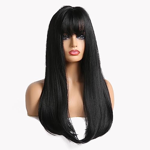 Esmee 24 Inches Long Straight Blonde Wig with Bangs Side Parting Natural Synthetic Hair Ombre Wigs for Women with Dark Roots for Daily Party Cosp