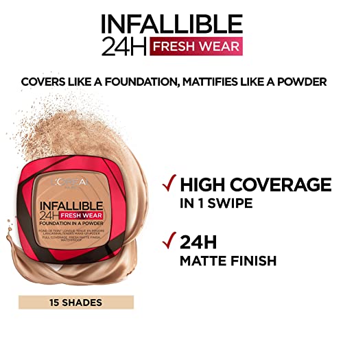 L'Oréal Paris Infallible 24H Fresh Wear Foundation in a Powder, Full-coverage, Longwear, Weightless Smooth Finish, Water-proof and Transfer-proof